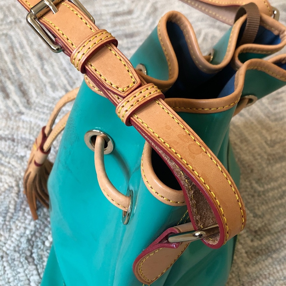 Dooney & Bourke Teal Patent Leather Drawstring Bucket Bag with Tan Trim - Picture 15 of 16